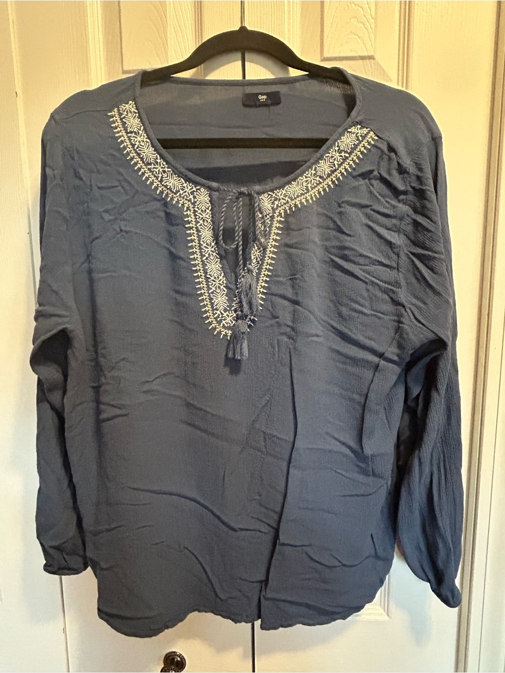 GAP Blue Embroidered Tassel Peasant Blouse
